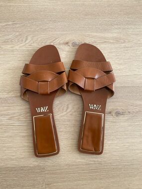Zara Cognac Brown Leather Slide Sandals